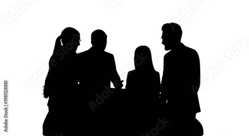 Four people sitting around a table in silhouette isolated on transparent background, Vector