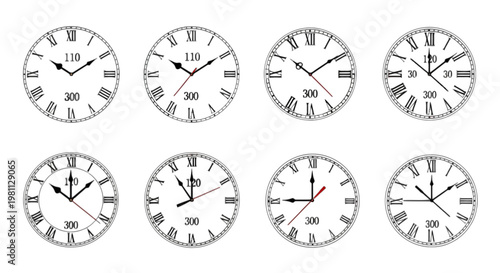 Collection of twelve analog clocks showing different times and designs isolated on transparent background, Vector