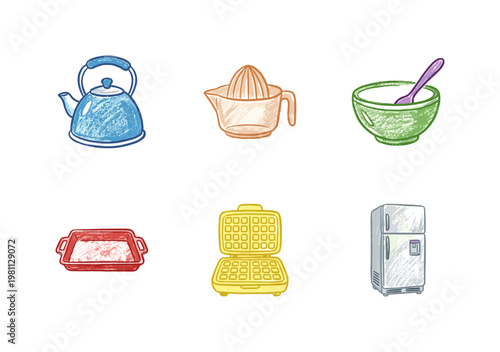 Kitchen Utensils and Home Cooking Equipment with Fluid Crayon Pencil Texture and Crayon Colorful Style.