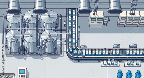Modern automated beverage production line in a factory setting.