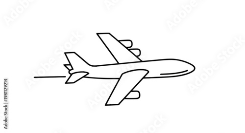 Simple line drawing of a commercial airplane in flight with wings spread out isolated on transparent background, Vector