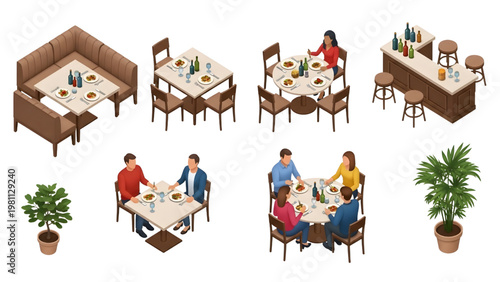 Top-Down Restaurant Dining Customers Architectural Blueprint Human Activity Vector Set, Minimal Flat Style Illustration, Clean White Background