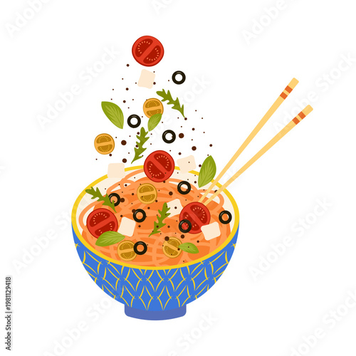 Colorful Asian Food Bowl Illustration with Noodles Rice and Soup