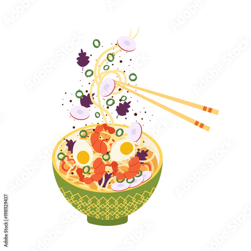 Colorful Asian Food Bowl Illustration with Noodles Rice and Soup