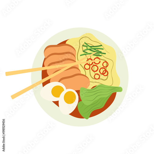 Colorful Asian Food Bowl Illustration with Noodles Rice and Soup