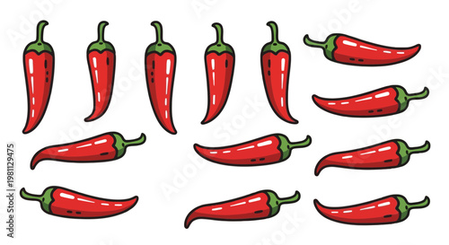 Assorted red chili peppers arranged in a visually appealing manner isolated on transparent background, Vector