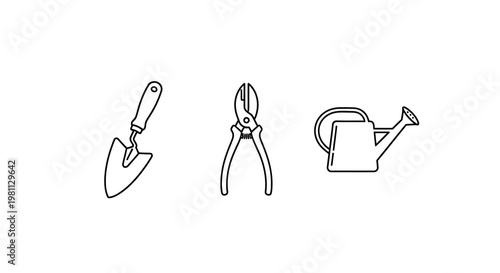 Gardening tools depicted in a minimalist black line art silhouette