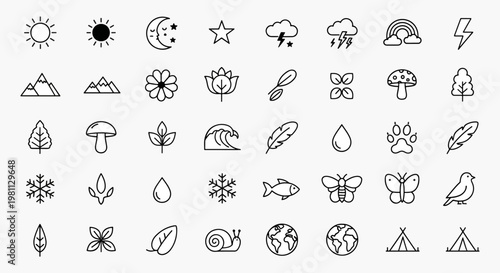 Nature elements icons set sun moon stars clouds lightning rainbow mountains flowers trees mushroom wave feather water drop paw print snowflake fish butterfly bird leaf snail globe tent