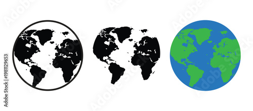 Three different graphic illustrations of the Earth globe map.