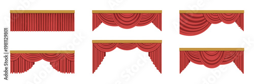 Luxury scarlet red silk curtains vector set, elegant draperies and stage decorations with flowing fabric folds, perfect for interior design, theater, and premium event graphics.
