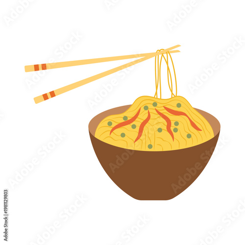 Colorful Asian Food Bowl Illustration with Noodles Rice and Soup