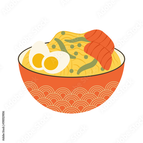 Colorful Asian Food Bowl Illustration with Noodles Rice and Soup