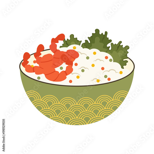 Colorful Asian Food Bowl Illustration with Noodles Rice and Soup