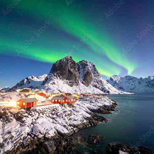 Illuminated aurora borealis illuminating snowy mountains and a coastal village