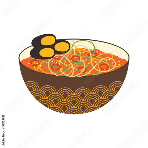 Colorful Asian Food Bowl Illustration with Noodles Rice and Soup