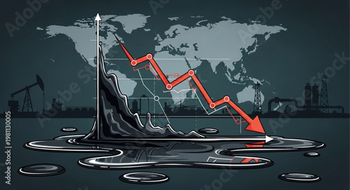 Global oil price crash graph with crude oil spill.