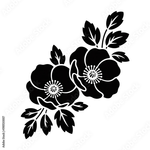 Decorative poppy flower silhouette bouquet, botanical branch with leaves, black and white vector illustration for ornament