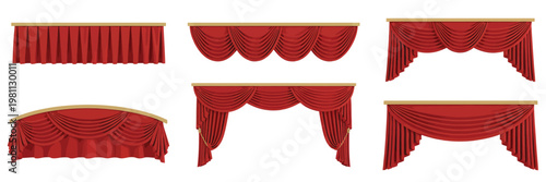 Luxury scarlet red silk curtains vector set, elegant draperies and stage decorations with flowing fabric folds, perfect for interior design, theater, and premium event graphics.