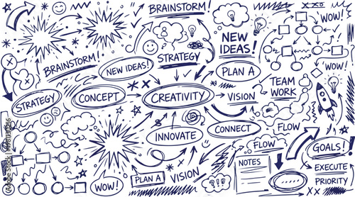Hand drawn business creativity doodles set with brainstorm strategy concept icons and flow charts on white background
