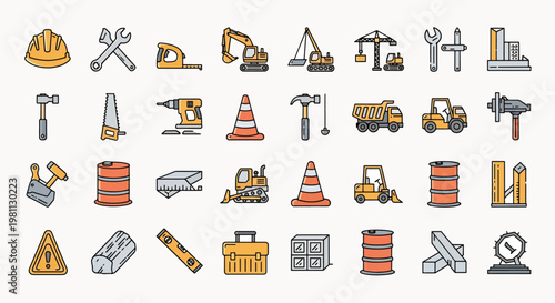 Construction equipment and tools icons set hard hat wrench measuring tape excavator crane drill safety cone hammer truck forklift barrel timber beam level briefcase box and warning sign