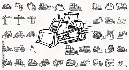 Construction equipment line art icons set, heavy machinery bulldozer excavator crane truck and tools collection