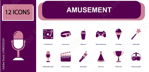 Amusement icon set. Containing DJ controller, game controller, ice cream, magic wand, microphone, movie clapper, party hat, trophy cup, virtual glasses and more. Solid fill vector icons.