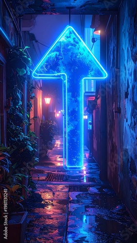 Illuminated blue neon arrow rising above wet alleyway, flanked by buildings, plants, glowing lights
