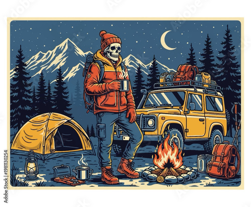 Skeleton skull adventurer by campfire, off-road vehicle, tent, mountains, and moon. Evokes vintage outdoor adventure and wilderness exploration vector design