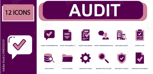 Audit icon set. Containing audit confirmation, audit document, checklist, data audit, file folder, search, security check, verified file, building audit and more. Solid fill vector icons.