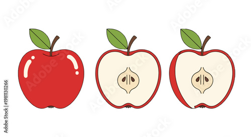 Three apples showing different stages of being sliced open isolated on transparent background, Vector