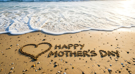 Happy mother's day message written in the sand on a beautiful beach