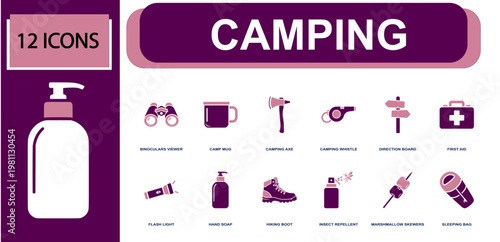 Camping icon set. Containing binoculars, camp mug, camping axe, camping whistle, direction board, first aid, flash light, hiking boot, sleeping bag and more. Solid fill vector icons.