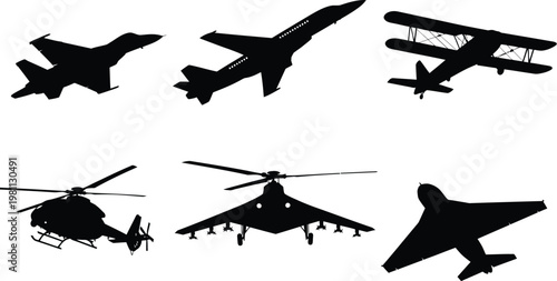 Comprehensive aviation silhouette collection, set of six black vector icons featuring fighter jets, vintage biplanes, helicopters, and commercial airliners isolated on white.