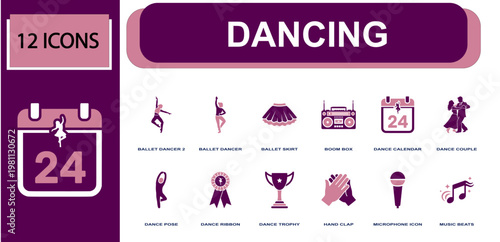 Dancing icon set. Containing ballet dancer, ballet skirt, boom box, dance calendar, dance couple, dance trophy, microphone, music notes, hand claps and more. Solid fill vector icons.