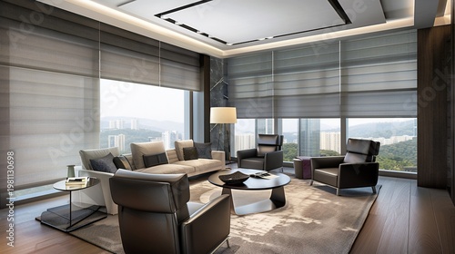 Elegant, modern interior with city views, featuring sofas, armchairs, and stylish decor