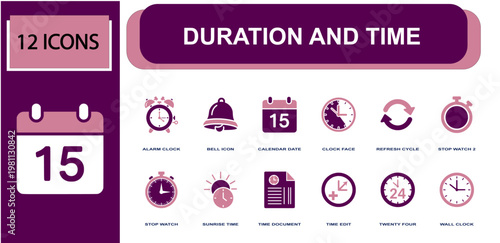 Duration and time icon set. Containing alarm clock, bell, calendar date, clock face, stopwatch, sunrise time, wall clock, refresh cycle, time edit and more. Solid fill vector icons.