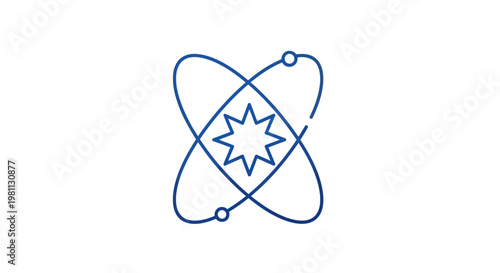 A blue line drawing of an atom symbol.