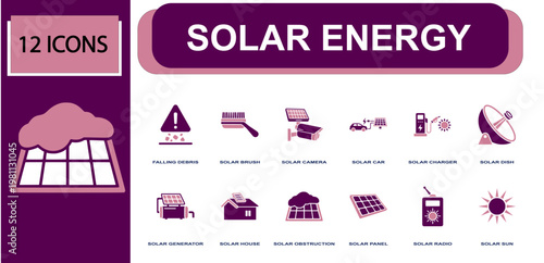 Solar energy icon set. Containing solar panel, solar charger, solar generator, solar house, solar radio, solar camera, solar car, solar dish, sun symbol and more. Solid fill vector icons.