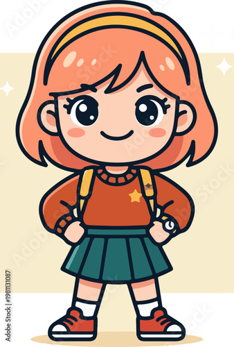 Cute cartoon schoolgirl with backpack ready for education.