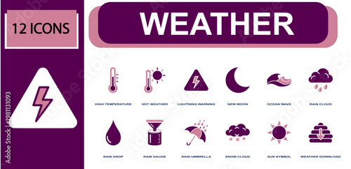 Weather icon set. Containing thermometer, hot weather, lightning warning, new moon, ocean wave, rain cloud, rain gauge, snow cloud, sun symbol and more. Solid fill vector icons.