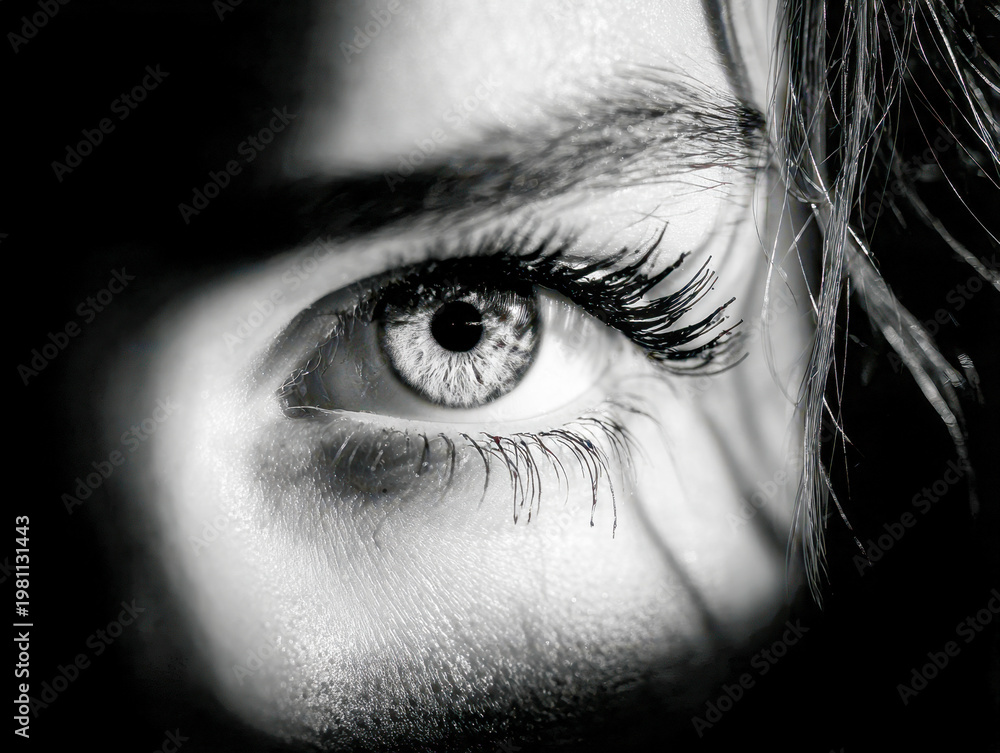 Fototapeta premium Intense black and white portrait focused on a detailed human eye with dramatic lighting highlighting eyelashes and skin texture in a mysterious close-up view