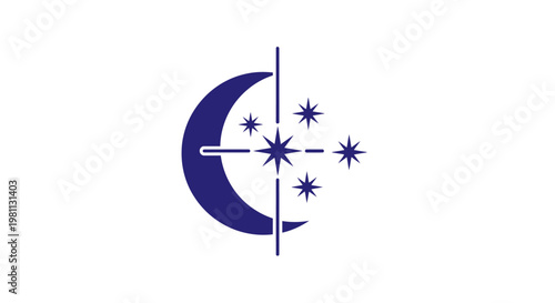 Graphic design of crescent moon and stars.