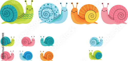 Colorful Snail Illustrations Set with Cute Swirly Shells for Kids, Nature, Fun, and Joyful Cartoon Animal Design
