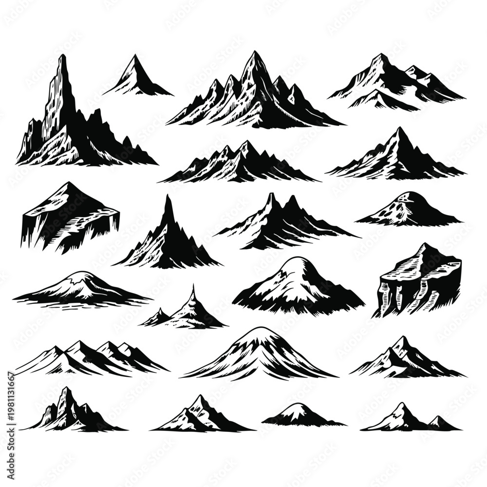Fototapeta premium Detailed Mountain Scenery Variety Set in Vintage Engraving and Woodcut Style
