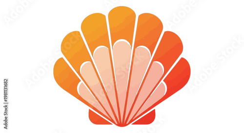 A stylized and colorful scallop shell with gradient shades of orange and pink isolated on transparent background, Vector