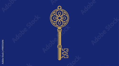 Elegant golden key design against a deep blue background.