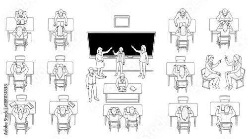 Top-Down Classroom Students Architectural Blueprint Vector Set, Monochrome Style Educational Human Activity Illustration on White Background