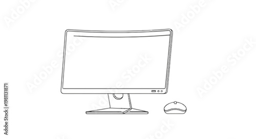 Simple line drawing of a desktop computer monitor and mouse setup isolated on transparent background, Vector