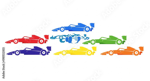 Multiple Colorful Formula One Race Cars Lined Up Together.