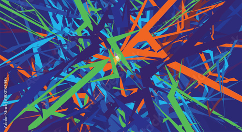 Bold abstract background design composed of sharp, intersecting, and overlapping lines and geometric polygons in a vibrant combination of deep blue, bright green, and contrasting orange.